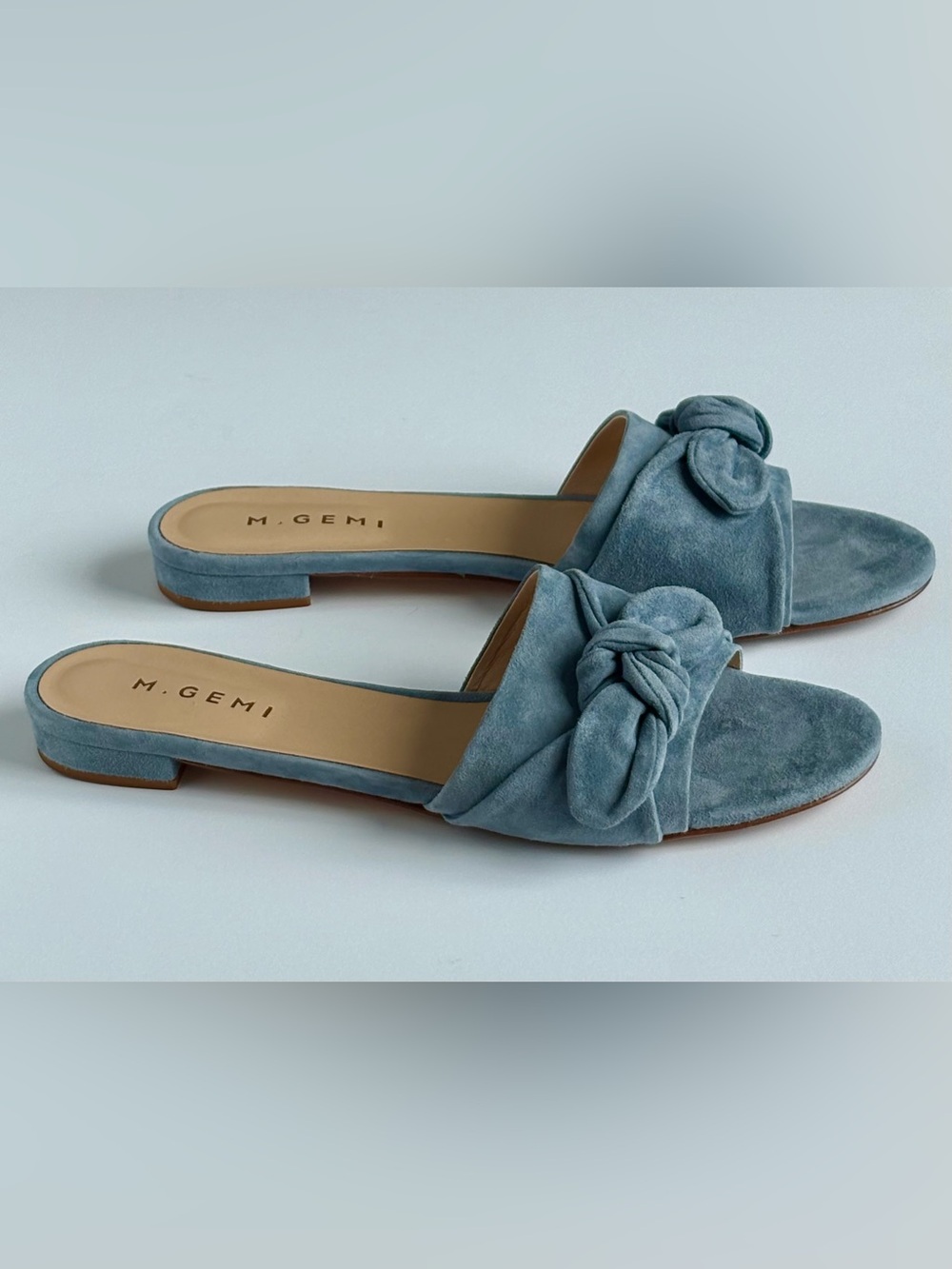 Italian Dusty Blue Suede Knot Slide Sandals, Size 11